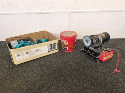 VINTAGE Air Compressor, Box of Matches, and Food Processor Parts