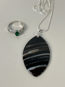 Oval Green Emerald Ring - Size 10, & 67ct Striped Agate Necklace