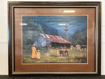 Beautiful Painting - Old Barn Surrounded by a Field of Cows