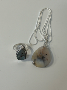 Abalone Shell Ring - Size 8, & 32ct Dendritie Agate Necklace