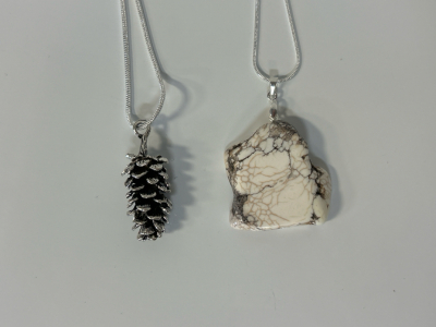 Tibetan Silver Pinecone Necklace, & 83ct White Buffalo Turquoise Necklace