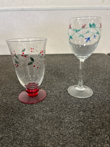 (8) Floral Wine Glasses, & (3) Holly Glasses
