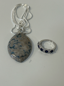 73ct Blue Chrysanthemum Coral Pendant, & Blue and White Sapphire Ring - Size 8