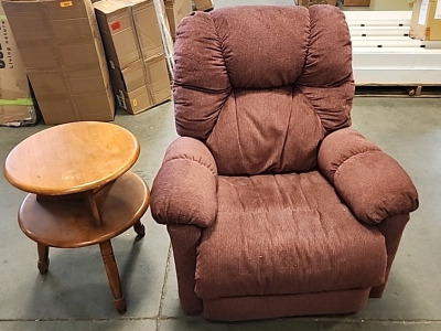Burgundy Recliner and Round two Teir End Table...
