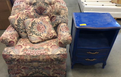 Floral Design Chair and Blue 2 Drawer End Table..