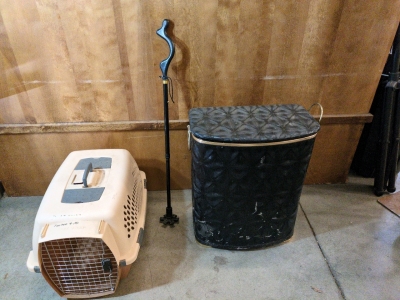 Dog Crate, Laundry Hamper, and Cane