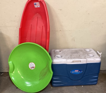 Coleman Cooler & (2) Plastic Sleds