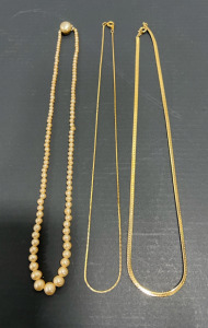 (3) Necklaces- Costume Jewelry Gold Chains and Pearl Necklace