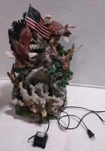 17"x 14"x 22½" Water Fountain Sculpture Feat. (2) Bald Eagles w/ American Flag, Perched on a Rocky Outcrop Above a Pack of Wolves