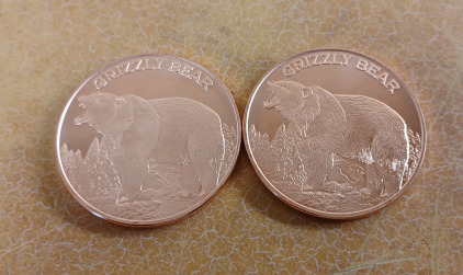 (2) 1 oz. Copper Grizzly Bear Rounds