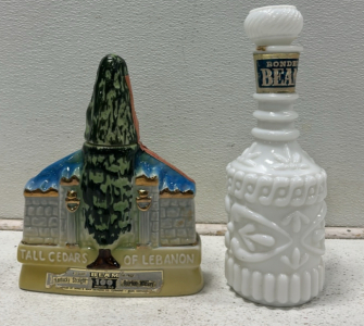 (1) Vintage 1971 Jim Beam &ldquo;Tall Cedars of Lebanon&rdquo; Whiskey Decanter, (1) Vintage 1969 Jim Bean &ldquo;Bonded Beam&rdquo; Milk Glass Whiskey Decanter