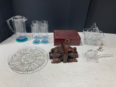Pitcher w/4 Matching Cups, Crystal Glass Food Dish, Vintage Trinkets Box w/Key & More Home Decor