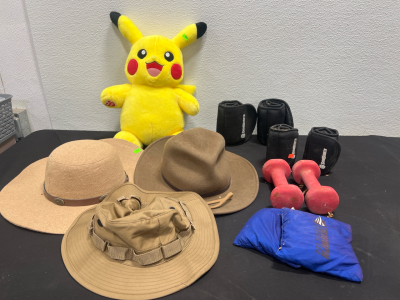 (3) Cloth Hats, Ankle Weights And Wrist Weights- 4 Pound Weights, And Pikachu Stuffed Animal