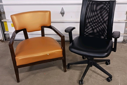 (2) Office Chairs - Tan Upholstered & Black Mesh