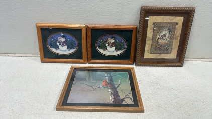 Cardinal Artwork in Light Wooden Frame, (2) Wood Framed Snowman Artwork, Ornate Metallic Wood Framed Monkey Artwork