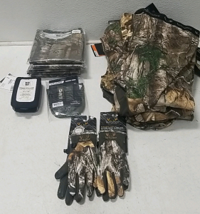 Terramar Hunting Clothing- (2) Pairs of Gloves, (5) Pairs of 2XL Camo SST, (9) 3XL Thermal Pants, (1) Smartphone Case for Bike, LAPG Handcuff Pouch