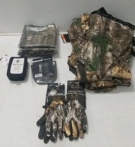 Terramar Hunting Clothing- (2) Pairs of Gloves, (5) Pairs of 2XL Camo SST, (9) 3XL Thermal Pants, (1) Smartphone Case for Bike, LAPG Handcuff Pouch