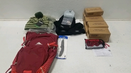 High Sierra Red Backpack, (3) Grenade Beanies, (3) Igloos Beanies, (10) Laundry and Campsite Organizing Bundles