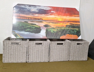 (1) Tomuu Erissa, Stunning Seaside Sunrise Scene, Large Canvas Wall Art, 40" x 20" & (4) Wicker Storage Cubes, 11" x 11" x 11"