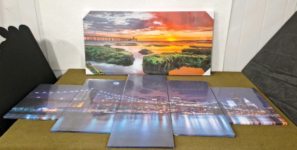 (1) Tomuu Erissa, Stunning Seaside Sunrise Scene, Large Canvas Wall Art, 40" x 20" & (1) Full Moon Over NYC Brooklyn Bridge At Night, Canvas Wall Art 60" x 32"