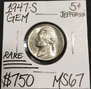 1947-S MS67 Gem Mint State Jefferson Nickel