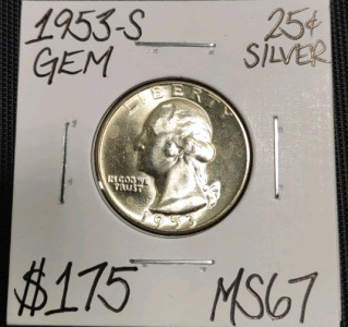 1953-S MS67 Gem Silver Washington Quarter