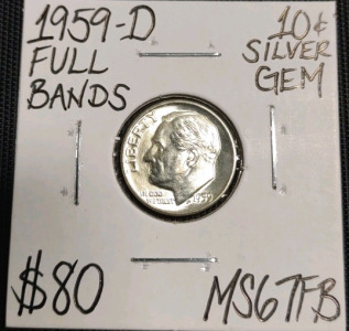 1959-D MS67FB Full Bands Gem Silver Dime