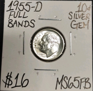 1955-D MS65FB Full Bands Gem Silver Dime