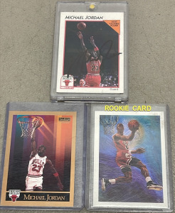 (1) Autographed 1990 Michael Jordan NBA Hoops Card (Unverified), 1990 Michael Jordan Sky Box Card, 1990 Michael Jordan NBA Hoops Card