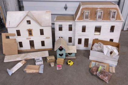 49"x 17&frac34;"x 34" Handmade (White/Unfinished) Big Doll House, 32"x 17&frac14;"x 30&frac12;" Handmade (White) Big Dollhouse, 15&frac12;"x 12"x 13" Handmade (Blue) Bird House, & A Bunch of Building Accessories for Doll Houses