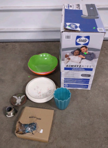 (1) Sealy Tough Guard Blow-Up Air Mattress & (1) Box Full of Assorted Pottery, Plasticware & Glassware