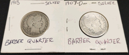 (2) Barber Head Silver Quarters 1913 & 1907-D