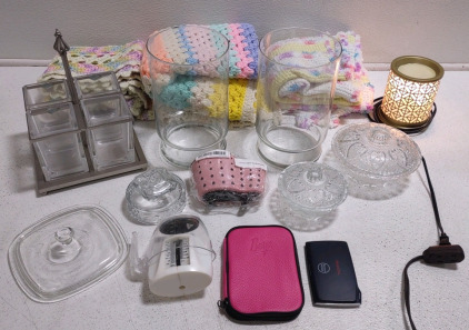 (5) Assorted Crystal Flower Pots/ Containers, (3) Assorted Baby Blankets Made from Yarn, & A Plug-In Wax Warmer