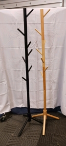 (2) Wooden Coat Racks - (1) Black (1) Natural Wood