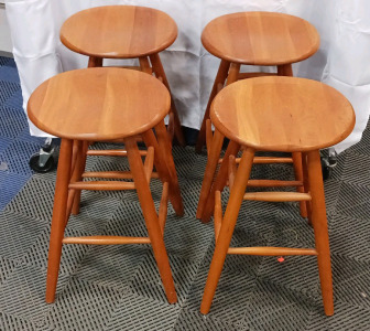 (4) Natural Wood Saddle Seat Swivel Stools
