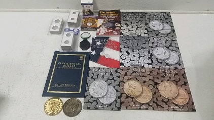 Coin Collectors Items- (9) Coin Folders, (3) Boxes of Coin Mounts, (2) Token Coins
