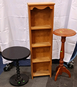 (3) Mixed Furniture - (1) Wooden Bookshelf (2) Pedestal Tables/Plant Stands
