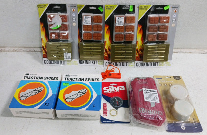 (11) Outdoor Survival Essentials - (4) Cooking Kits (2) Traction Spikes -L & XL (2) Collapsible Drink Cups (1) Compass (1) Kindling/Tender Firestarter and More!