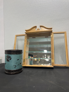 (1) Wooden & Glass Display Case With Mirrored Background 16.5&rdquo;x 23.5&rdquo; And (1) Bathroom Metal Decor Trashcan