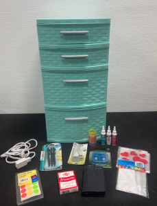 (1) Light Blue 4 Drawer Plastic Bin Organizer 13&rdquo;x24&rdquo; And Assorted House Hold Items