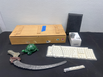 Assorted Home Items- Wooden Box With Latch, Keyboard, Sword, And More