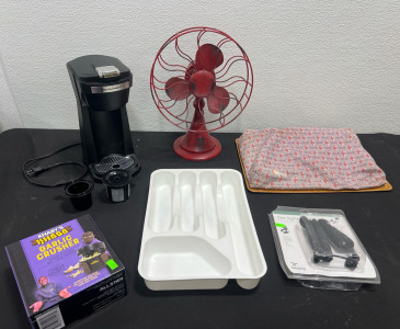 Assorted Household Items- EliteGourmet Coffee Machine- Khabys Khasa Garlic Crusher, Utensil Organizer- Home Decor And More