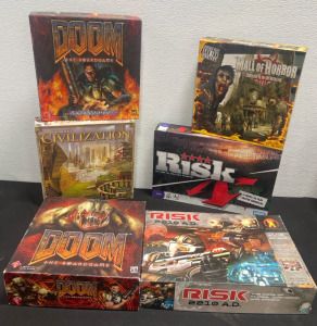 Assorted Board Games- Doom, Risk, Sid Meiers Civilization, And Mall Of Horror