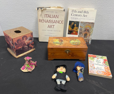 Assorted Home Decor- Books, Wooden Jewlery Box, Kleenex Decor Cover, And Dolls