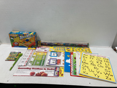 (4) Teacher Bulletin Board Sets, (6) Teacher Bulletin Board Border Trim, (6) Classroom Wall Posters, (1) Teacher Pointer, (10) Veggie Tales Sticker Sets(1 Tattoo Set), (1) Veggie Tales Toss Across Game