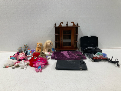 (17) Assorted Dolls, (1) Display Shelf w/Glass Door, (1) Harbor Freight Hair Cutting Set, (1) Remington Hair Cutting Set, (2) Hair Trimming Aprons