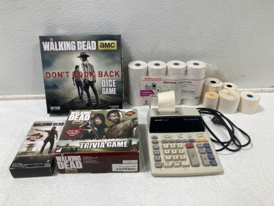 (3) Walking Dead Board Games, (1) Adding Machine (13) Paper Rolls