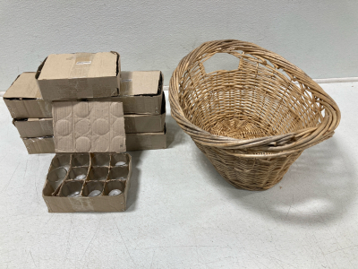 (8) Boxes Of 12 Votive Candles & Wood Basket