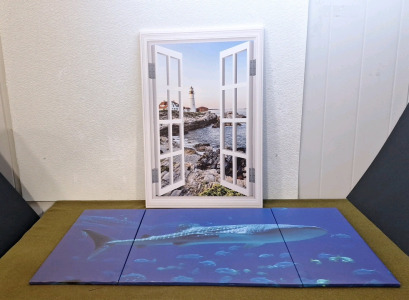 (1) Lighthouse Themed Canvas Art Print 23"W x 34"T & (1) 3-Panel Whale Shark Canvas Art Print, 47"L 24"T