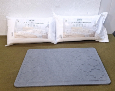 (2) Sets of Two Queen Sized Dioris Pillows & (1) Diatomite Stone Bath Mat 23" x 15"